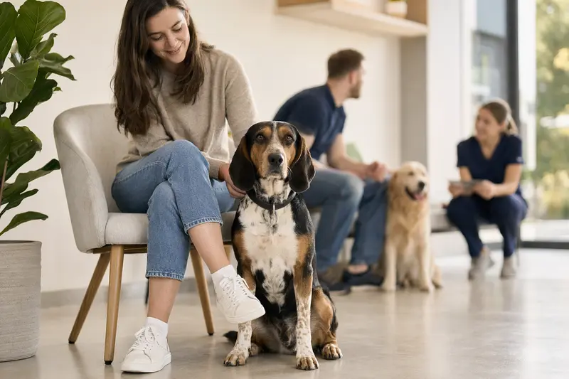 Ein dreifarbiger Serbischer Laufhund sitzt ruhig neben seinem Besitzer im hellen Wartezimmer einer modernen Tierarztpraxis.